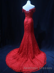 Off the Shoulder Red Mermaid Lace Evening Prom Dresses, Red Mermaid Lace Formal Bridesmaid Dresses