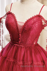 Off the Shoulder Short Burgundy Lace Evening Prom Dresses, Wine Red Short Lace Formal Graduation Dresses