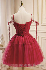 Off the Shoulder Short Burgundy Lace Evening Prom Dresses, Wine Red Short Lace Formal Graduation Dresses