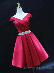 Off the Shoulder Short Burgundy Evening Prom Dresses, Short Wine Red Formal Graduation Homecoming Dresses