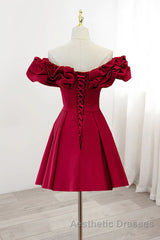Off the Shoulder Short Burgundy Evening Prom Dresses, Short Wine Red Graduation Homecoming Dresses