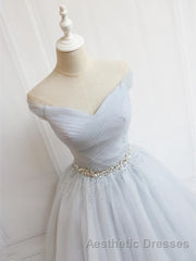 Off the Shoulder Short Gray Evening Prom Dresses with Coset Back, Short Beaded Gray Graduation Homecoming Dresses