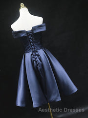 Off the Shoulder Short Navy Blue Evening Prom Dresses, Short Navy Blue Formal Homecoming Graduation Dresses