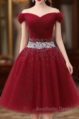 Off The Shoulder Tulle Red Short Evening Prom Dresses Lace Up