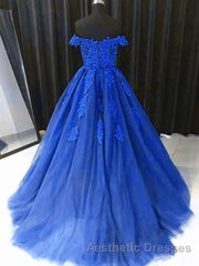 Off the Shouler Royal Blue Lace Evening Prom Dresses, Off Shoulder Blue Lace Formal Evening Dresses