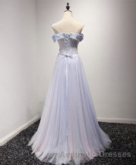 Light Blue Tulle Lace Long Evening Prom Dresses, Lace Evening Prom Dresses