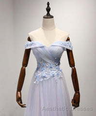 Light Blue Tulle Lace Long Evening Prom Dresses, Lace Evening Prom Dresses