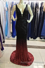 Ombre Mermaid V-Neck Court Train Evening Prom Sequins Dresses