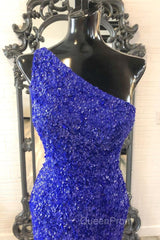 One Shouder Royal Blue Evening Prom Dresses Long Sequin Evening Dresses