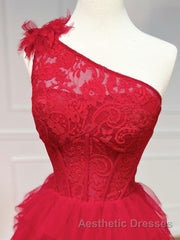 One Shoulder A-Line Tulle Burgundy Long Evening Prom Dresses, Burgundy Graduation Dresses