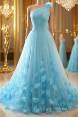 One Shoulder Blue 3D Flowers Long Evening Prom Dresses, Blue Floral Formal Evening Dresses