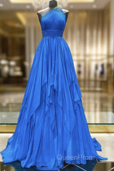 One Shoulder Blue Backless Long Evening Prom Dresses, Open Back Blue Long Formal Evening Dresses