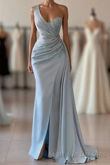 One shoulder blue Evening Prom Dresses in mermaid pleats