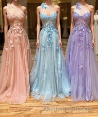 One Shoulder Floral Long Evening Prom Dresses, Formal Graduation Evening Dresses