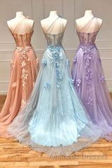 One Shoulder Floral Long Evening Prom Dresses, Formal Graduation Evening Dresses