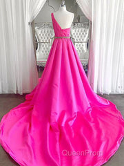 One Shoulder Hot Pink Evening Prom Dresses, Hot Pink One Shoulder Formal Evening Dresses
