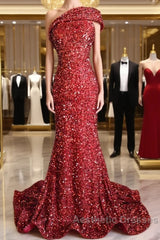 One Shoulder Long Sequins Formal Dresses Burgundy Mermaid