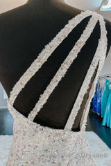 One Shoulder Mermaid Sequins Ivory Long Evening Prom Dresses, Open Back Mermaid Ivory Formal Dresses, Sequins Ivory Evening Dresses
