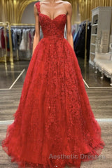 One Shoulder Open Back Red Lace Long Evening Prom Dresses, Sweetheart Neck Red Lace Formal Dresses, Red Evening Dresses