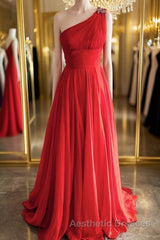 One Shoulder Open Back Red Long Evening Prom Dresses, Backless Red Formal Dresses, Red Evening Dresses