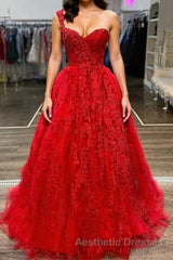 One Shoulder Red Lace Evening Prom Dresses, One Shoulder Red Lace Formal Evening Dresses