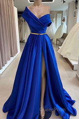 One Shoulder Royal Blue Floor Length Evening Prom Dresses With High Slit, High Slit Royal Blue Long Formal Evening Dresses
