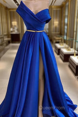 One Shoulder Royal Blue Floor Length Evening Prom Dresses With High Slit, High Slit Royal Blue Long Formal Evening Dresses