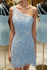 One Shoulder Short Lace Evening Prom Dresses, Short Lace Formal Homecoming Dresses