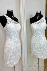 One Shoulder Short Lace Evening Prom Dresses, Short Lace Formal Homecoming Dresses