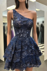 One Shoulder Short Navy Blue Lace Evening Prom Dresses, One Shoulder Short Navy Blue Formal Homecoming Dresses