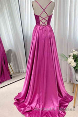 Open Back Fuchsia Satin Ruched Long Evening Prom Dresses, Long Fuchsia Formal Graduation Evening Dresses