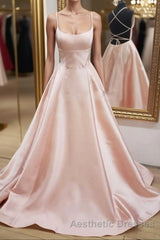 Open Back Pink Satin Long Evening Prom Dresses, Backless Pink Satin Long Formal Evening Dresses
