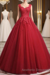 Open Back Red Lace Long Evening Prom Dresses, Red Lace Formal Evening Dresses, Red Ball Gown