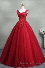 Open Back Red Lace Long Evening Prom Dresses, Red Lace Formal Evening Dresses, Red Ball Gown