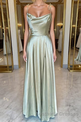 Open Back Sage Satin Long Evening Prom Dresses with High Slit, Long Sage Formal Graduation Evening Dresses