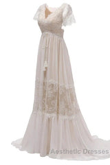 Open Back Short Sleeves V-Neck  Lace Beach Wedding Dresses