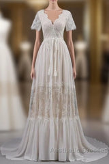 Open Back Short Sleeves V-Neck  Lace Beach Wedding Dresses