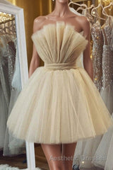 Open Back Strapless Champagne Tulle Short Evening Prom Homecoming Dresses, Strapless Champagne Formal Graduation Evening Dresses