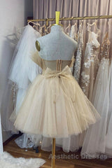 Open Back Strapless Champagne Tulle Short Evening Prom Homecoming Dresses, Strapless Champagne Formal Graduation Evening Dresses