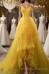 Open Back V Neck High Low Yellow Tulle Long Evening Prom Dresses, High Low Yellow Formal Evening Dresses