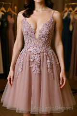 Open Back V Neck Pink Lace Appliques Evening Prom Dresses, Pink Lace Homecoming Dresses, Short Pink Formal Graduation Evening Dresses