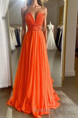Orange Aline chiffon long Evening Prom Dresses, orange long evening Dresses