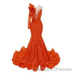 Orange Mermaid One Sleeve Evening Prom Dresses Sequined Lace Jewel Ruffles Evening Party Dresses with Appliques
