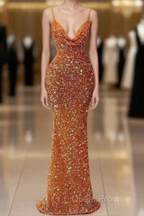 Orange Sequins Sheath Spaghetti Straps Long Evening Prom Dresses