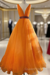 Orange Tulle Plunge Neck Ball Gown