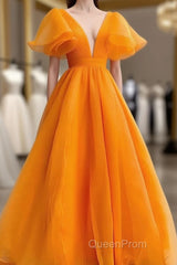 Orange V-Neckline Puffy Sleeves Long Party Dresses, A-Line Organza Evening Prom Dresses