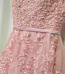 Pink Lace Tulle Long A Line Evening Prom Dresses, Pink Evening Prom Dresses, 1