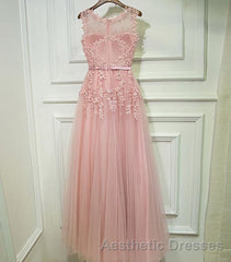 Pink Lace Tulle Long A Line Evening Prom Dresses, Pink Evening Prom Dresses, 1