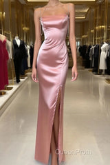 Peach Pink Diamond Spaghetti Strap Satin Bodycon Ball Dresses