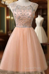Peach Tulle Beaded Short Cute Homecoming Dresses